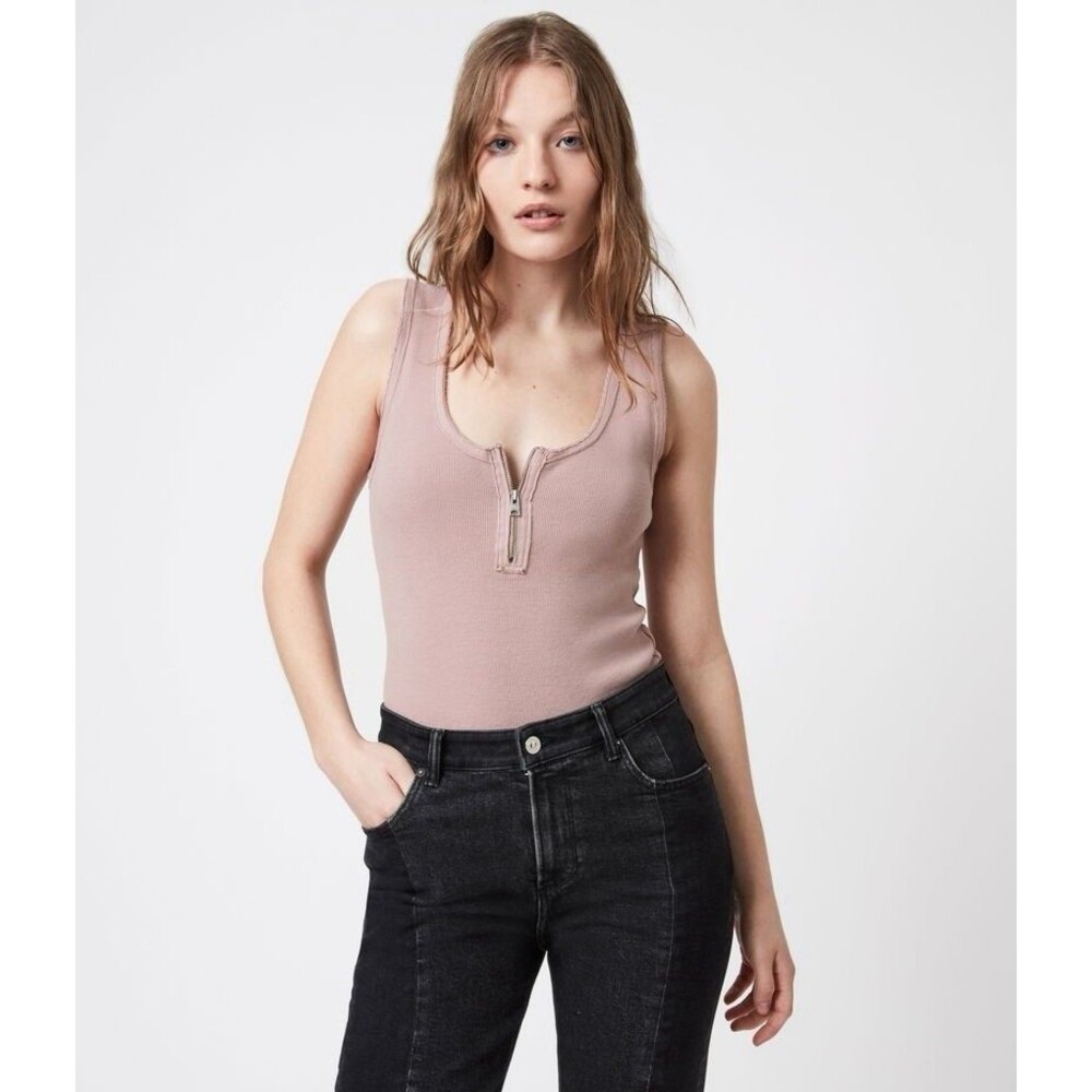 All Saints Alicia Bodysuit Womens Size 4 Scoop Neck Zip up Pink Ribbed Knit EUC